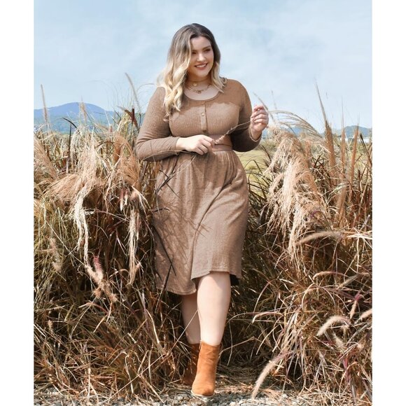 Plus Size Sweater Dress Long Sleeve Henley Crew Neck Knit with Pockets - Picture 3 of 5